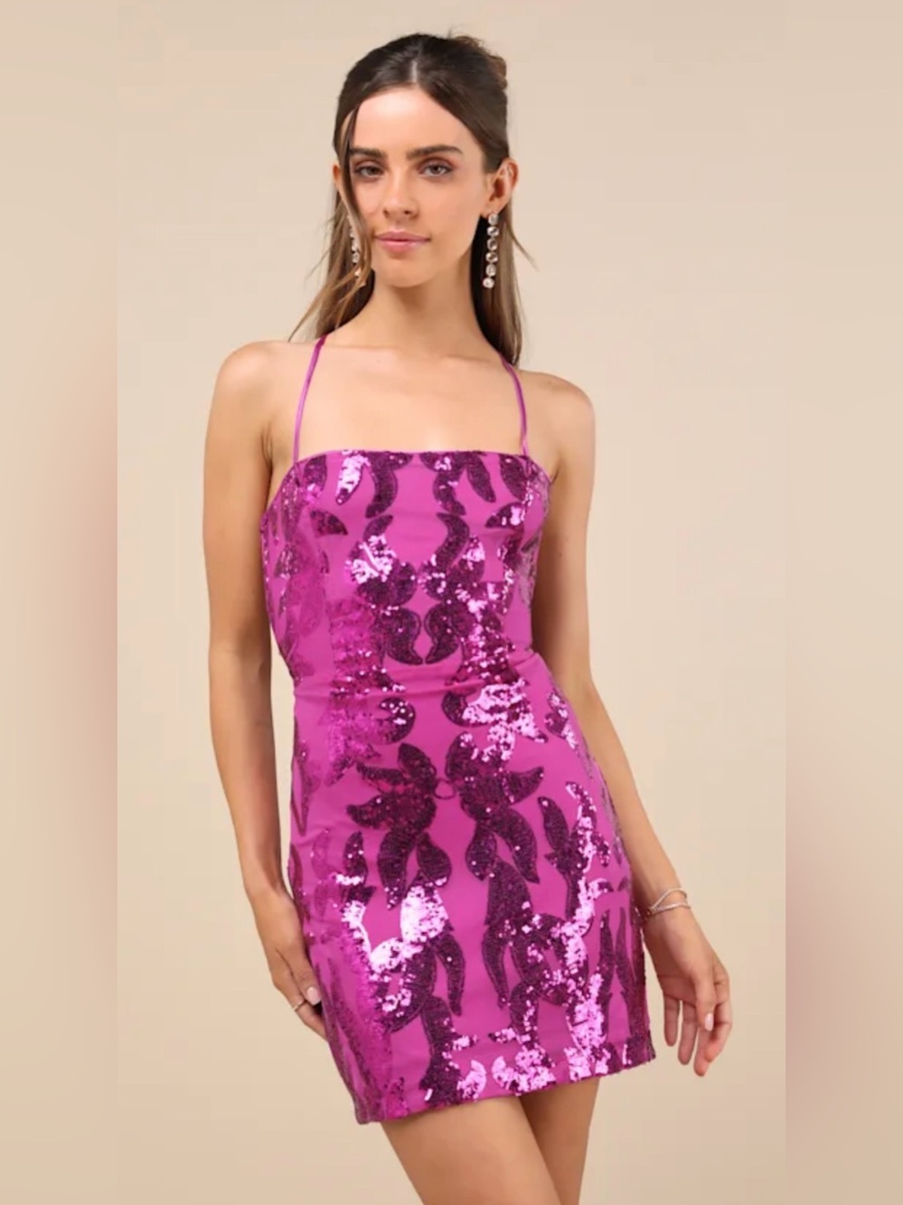 Sincerest Shine Magenta Purple Sequin Lace-Up Mini Dress bachlorette - Picture 4 of 4